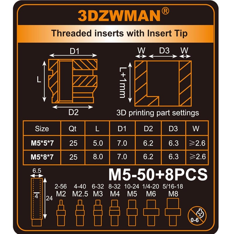 3DZWMAN M5 Threaded Inserts with M2-M8 Heat Set Insert Tools,Brass Metric Knurled Nuts for 3D Printing Components and Plastic Parts(M5x5x7-25PCS M5x8x7-25PCS) - Image 3